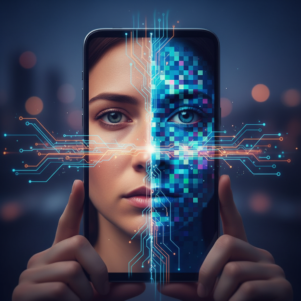 O imagine simbolică a unei fețe umane împărțită între o jumătate digitală, pixelată și o jumătate realistă, reflectată în ecranul unui smartphone, cu fluxuri de date luminoase conectând cele două lumi.