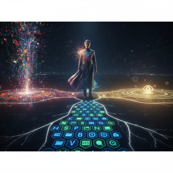 O persoană la o răscruce digitală, contemplând trei căi luminoase care simbolizează stiluri diferite de interacțiune online: explorare, curatare și spectare.