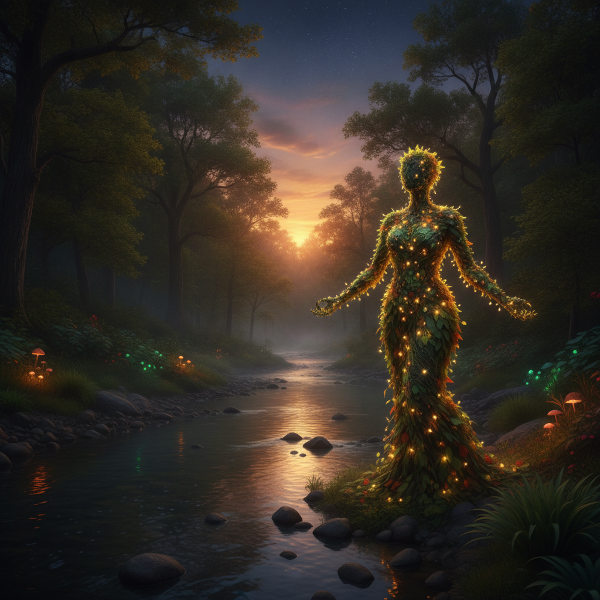 Imaginea ilustrează un om conturat din frunze verzi, luminat de o aură caldă, lângă un râu curat, simbolizând armonia dintre practicile ecologice și starea de bine.