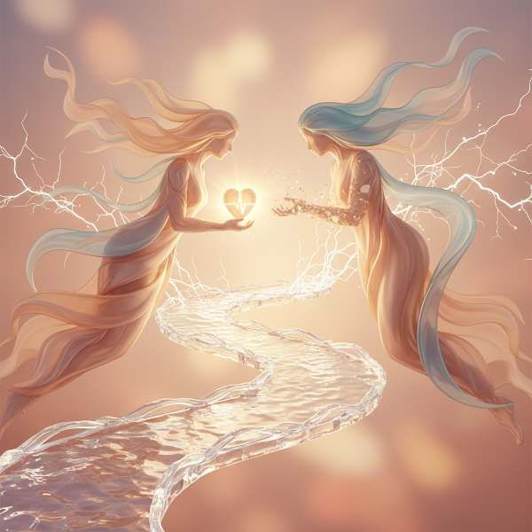 O imagine abstractă care ilustrează comunicarea emoțională autentică printr-un pod de lumină și apă care conectează două siluete, simbolizând vulnerabilitatea și conexiunea în relații.