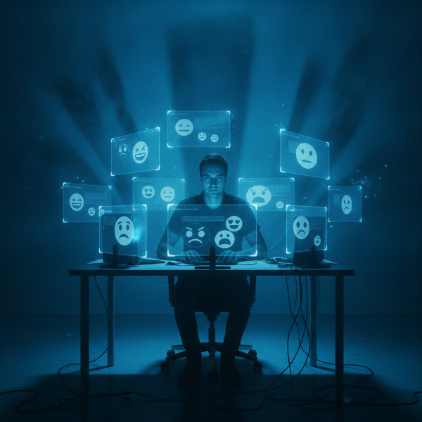 O ilustrație digitală care arată o față umană semi-transparentă, compusă din simboluri și ecrane, cu emoții contrastante reflectate în culori
