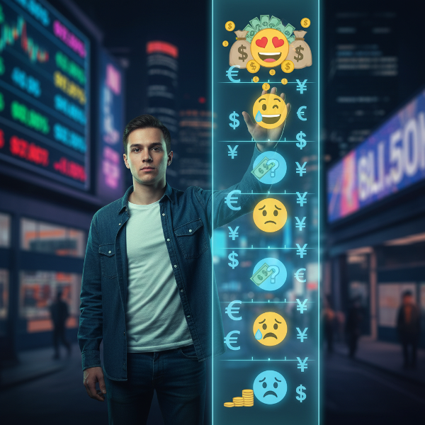 O ilustrație cu o persoană care privește un ecran cu indicatori emoționali și simboluri financiare.