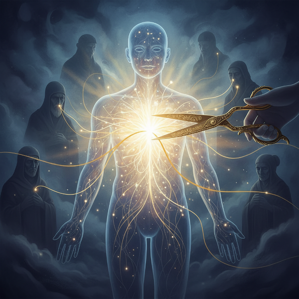 O imagine simbolică a unei persoane cu corp transparent, plin de fire luminoase care o leagă de strămoși. O pereche de foarfece de aur taie un fir, eliberând lumină.