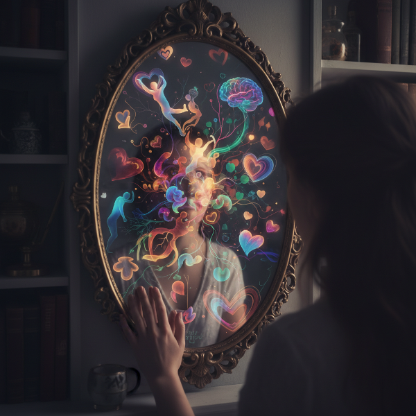 O imagine surrealistă a unei persoane privind într-o oglindă care reflectă emoții colorate și forme abstracte, simbolizând introspecția și inteligența emoțională.