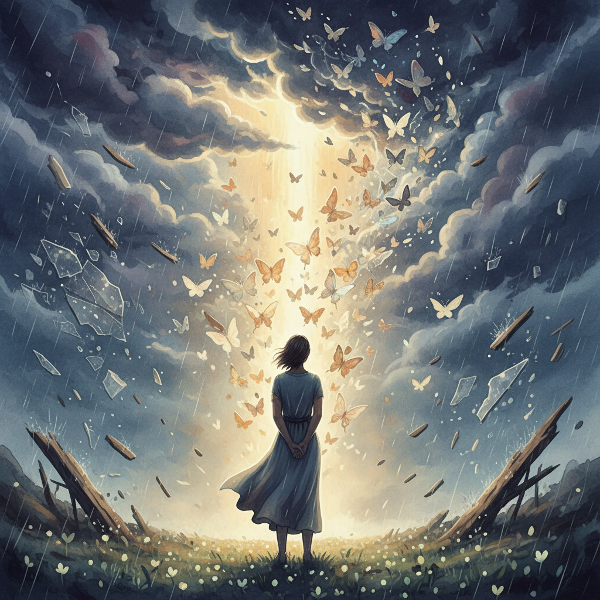 O imagine simbolică a rezilienței emoționale, cu o persoană calmă într-o furtună, unde fragmentele sparte se transformă în fluturi, ilustrând adaptarea și regenerarea.