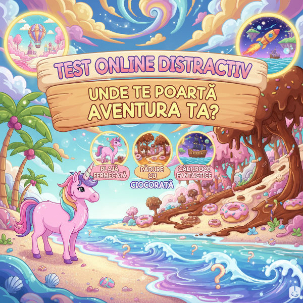 O ilustrație colorată și onirică care prezintă elemente fantastice din test: un unicorn roz pe o plajă, o pădure cu copaci de bomboane și un râu de ciocolată, în stil cartoon animat.
