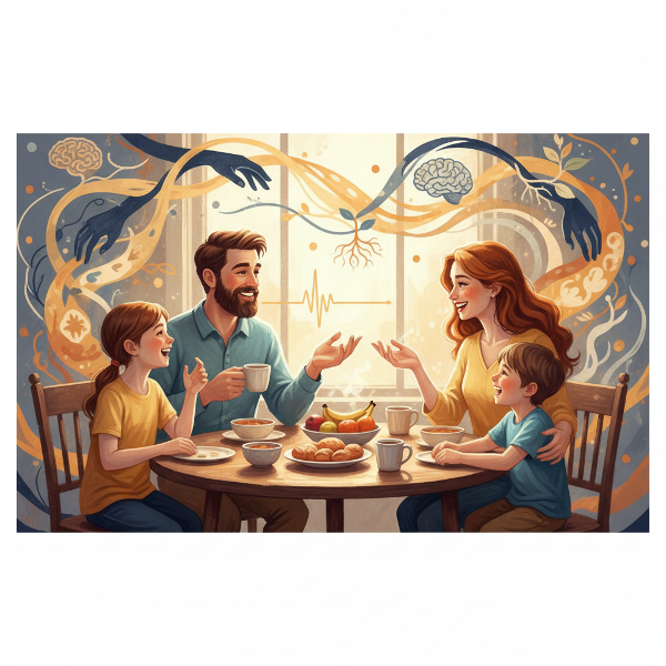 O imagine care ilustrează comunicarea familială sănătoasă, cu membrii familiei angajați într-o conversație deschisă și conectați prin simboluri de înțelegere.