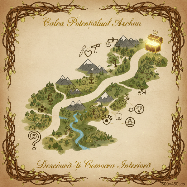 O imagine abstractă ce reprezintă o hartă a talentei latente, cu simboluri de cariere și valori ascunse, sugerând o călătorie interioară de descoperire profesională.