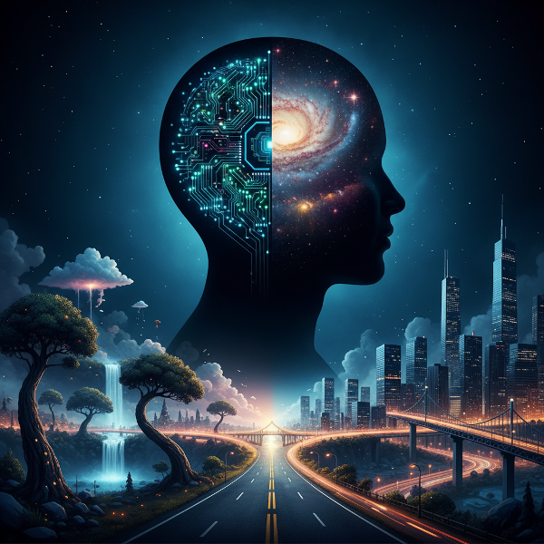 O imagine care contrastează visul și realitatea, arătând o persoană cu o parte a minții plină de cosmos și imaginație, iar cealaltă de logică și structură, stând la răscrucea a două lumi diferite.