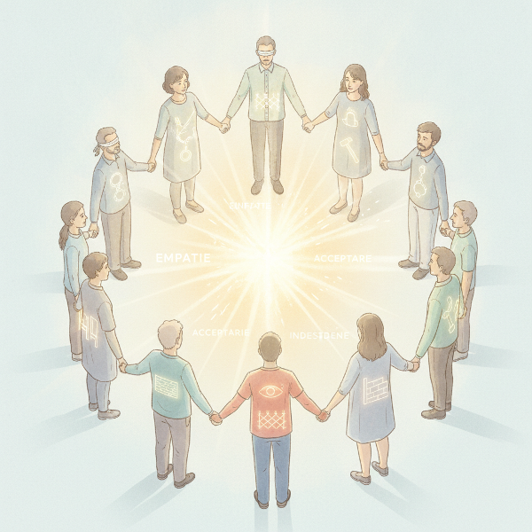 O ilustrație cu oameni de diverse etnii și culturi, uniți într-un cerc, reflectând asocieri inconștiente și calea către acceptare.