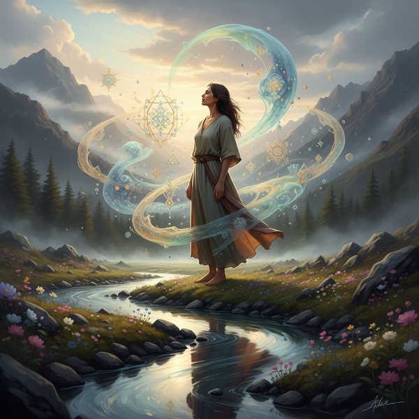 O imagine artistică ce ilustrează căutarea echilibrului interior și analiza conflictelor personale într-un mediu natural și liniștit.