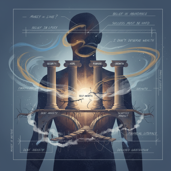 O ilustrație conceptuală care arată arhitectura financiară interioară a unei persoane, cu piloni de stabilitate, puncte vulnerabile și o suprapunere de planșeu ce reprezintă credințe și așteptări inconștiente.