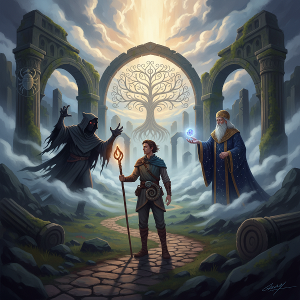 O imagine simbolică care ilustrează călătoria interioară a eroului prin peisaje mistice, cu figuri arhetipale emergând dintr-o ceață și ruine antice, reprezentând descoperirea de sine.