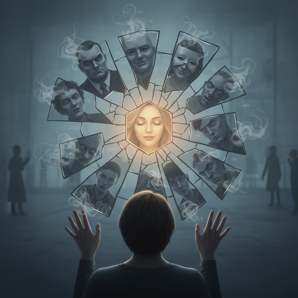 O persoană privește într-o oglindă spartă, unde fiecare fragment reflectă un rol social diferit, iar fragmentul central dezvăluie sinele autentic luminându-se din interior.