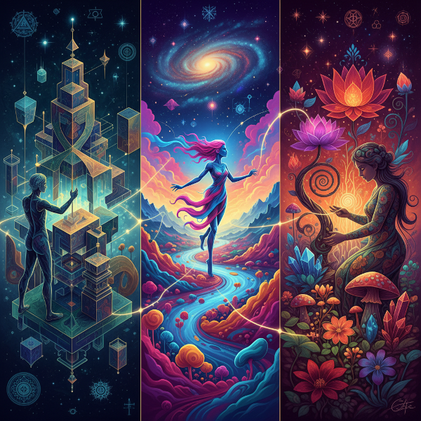 O ilustrație artistică care simbolizează cele trei tipuri de explorare interioară: Arhitectul Viselor, Nomadul Intuiției și Grădinarul Realității.