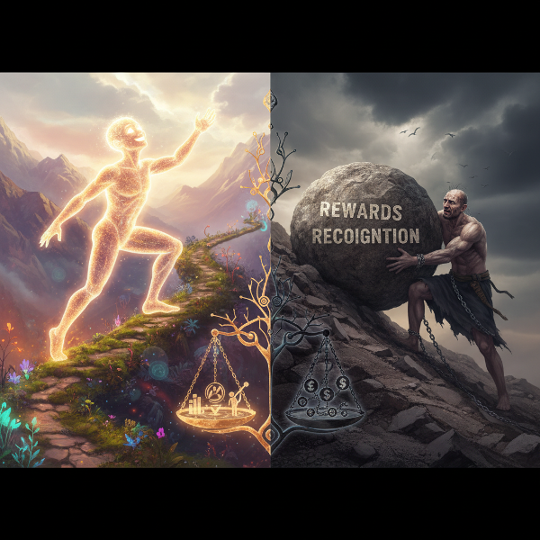 O ilustrație conceptuală care contrastă motivația intrinsecă (bucurie interioară) cu cea extrinsecă (presiunea recompenselor externe).