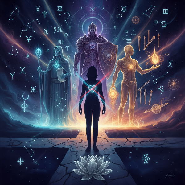 O imagine simbolică și onirică care ilustrează arhetipurile jungiene – Căutătorul, Creativul, Păzitorul – ca figuri luminoase înconjurând o persoană la o răscruce, într-un peisaj cosmic plin de semne arhaice.