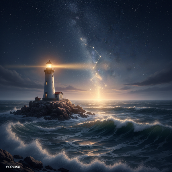 Un far pe o stâncă, simbolizând ghidul interior, străbătând cu lumina sa o furtună oceanică și o ceață densă, către un orizont liniștit.