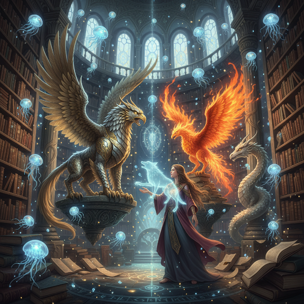 O bibliotecă magică cu cărți vechi și creaturi fantastice luminoase, unde o persoană își descoperă animalul spiritual printre grifoni, fenix și dragoni.