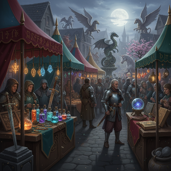 O piață medievală magică cu corturi colorate, obiecte mistice și creaturi fabuloase, ilustrând atmosfera fantastică a testului.