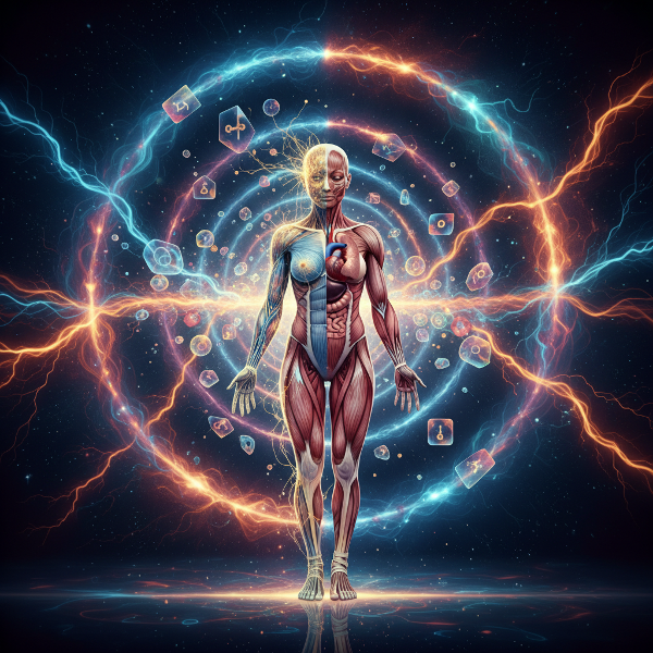 O reprezentare artistică a conexiunii minte-corp, cu o figură umană divizată între detalii anatomice și rețele neuronale, înconjurată de energii care simbolizează fluxul psihosomatic.