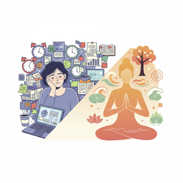 O ilustrație care contrastează agitația vieții moderne cu starea de liniște și echilibru interior.