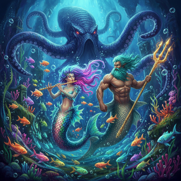 O ilustrație subacvatică cu trei creaturi mitologice (sirenă, triton și kraken) într-o compoziție vibrantă, sugerând un test distractiv de personalitate.