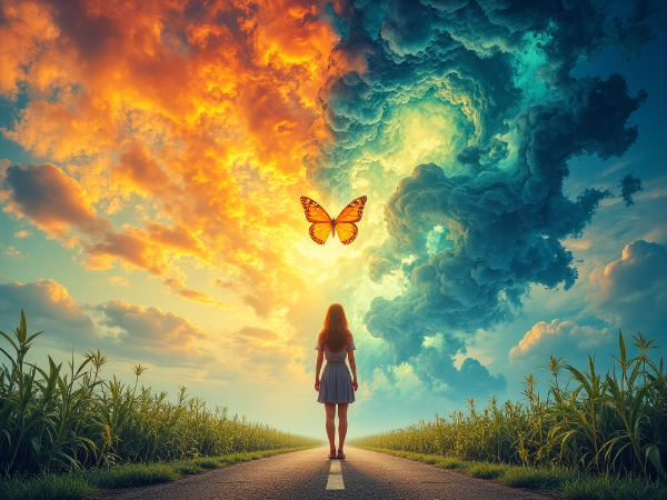O persoană la răscruce de drumuri, cu un fluture care iese dintr-un cocon, simbolizând adaptarea la schimbare și creșterea personală.