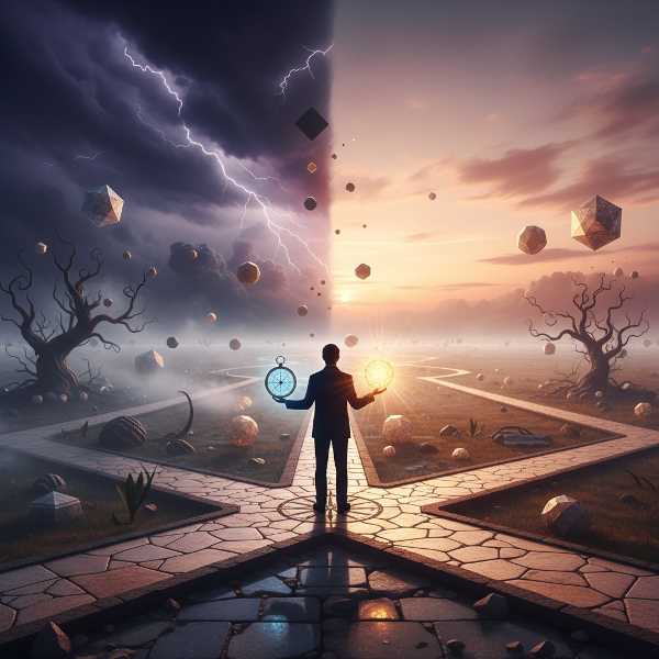 O imagine simbolică a unei persoane la o răscruce de drumuri, ținând o busolă și o lumină, într-un peisaj surreal cu forme geometrice plutitoare și un cer care trece de la furtună la calm.