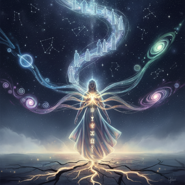 O imagine simbolică a unei persoane la răscruce, conectată prin fire luminoase la strămoși, univers și voci interioare, ilustrând forțele ascunse care ne ghidează.