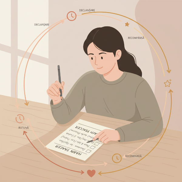 O ilustrație minimalistă a procesului de conștientizare a obiceiurilor, cu simboluri ale ciclurilor de rutină.