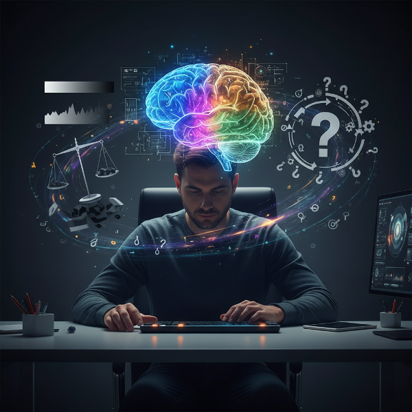 Ilustrație a unui test de gândire care arată procesul mental cu diferite strategii intelectuale și simboluri ale prejudecăților cognitive.