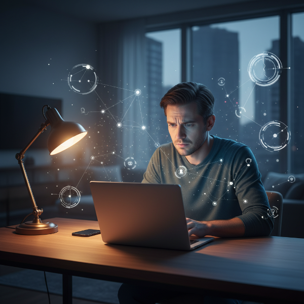 O imagine care ilustrează auto-reflecția asupra vieții digitale, cu simboluri ale conexiunii și izolării, într-un mediu intim de lucru.