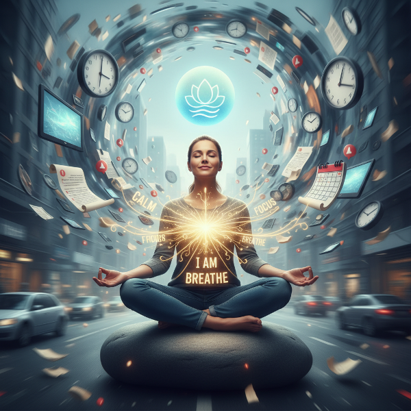 O ilustrație care arată contrastul dintre un mediu stresant și o persoană care aplică tehnici de gestionare a stresului pentru a menține calmul.