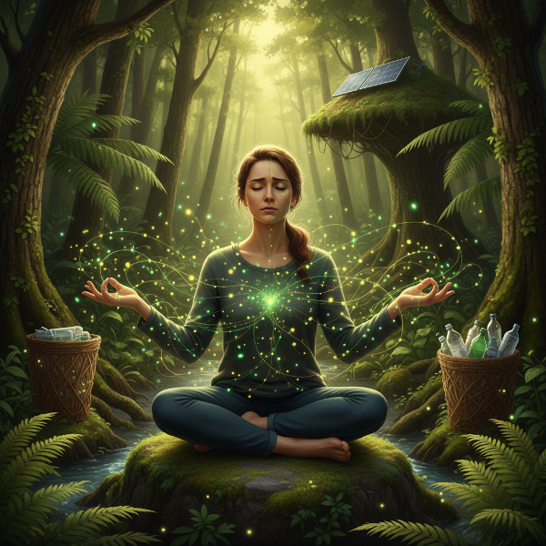 O persoană meditând într-o pădure luxuriantă, cu particule luminoase simbolizând conexiunea cu natura. Elemente ecologice integrate subtil, exprimând armonie și îngrijorare pentru mediu.