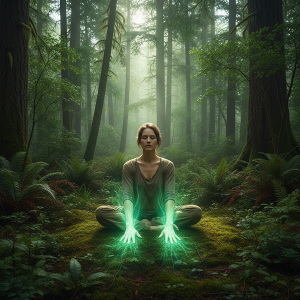 O imagine care ilustrează echilibrul interior și conexiunea profundă cu natura printr-o persoană în meditație într-o pădură, cu energii verzi simbolice.