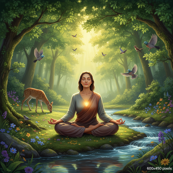 O imagine liniștitoare a unei persoane meditând într-o pădure luxuriantă, cu elemente naturale ca apă și animale, reprezentând echilibrul și conexiunea cu mediul înconjurător.