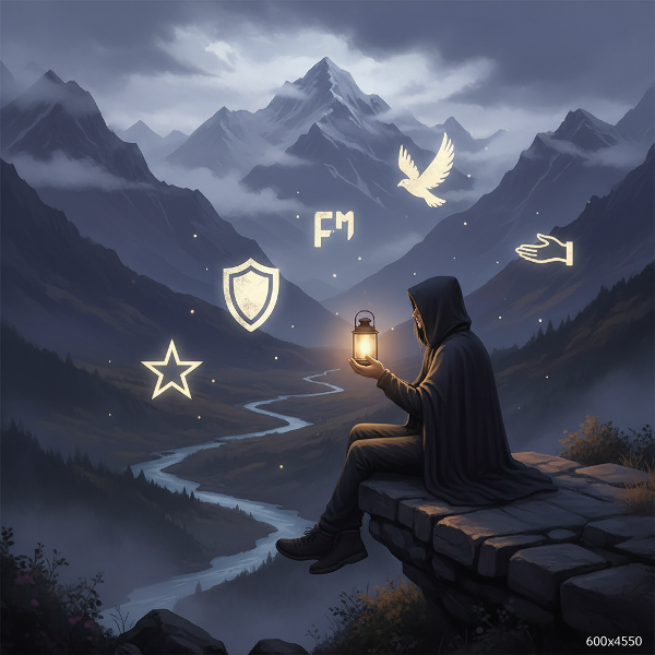 O imagine care ilustrează căutarea sensului și a valorilor interioare într-un peisaj vast, cu simboluri ale securității, libertății, bunătății și realizării.