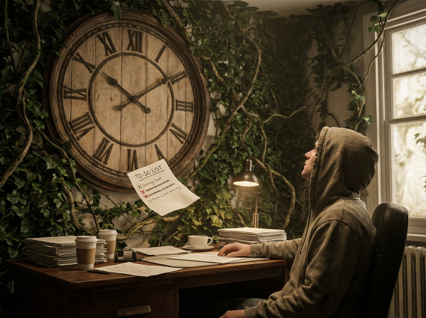 O persoană privește un ceas uriaș și amenințător, din care cresc liane încâlcite, simbolizând amânarea. Pe o birou dezordonat, o listă de sarcini plutind departe. Lumină difuză, melancolică.
