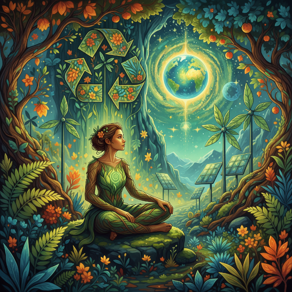 O ilustrație artistică care reprezintă conexiunea cu natura, obiceiuri ecologice și grijă pentru viitorul mediului, cu elemente simbolice de sustenabilitate.