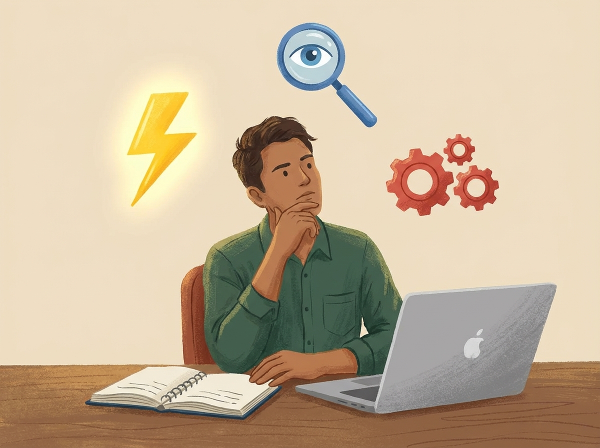 O ilustrație care reprezintă procesul de luare a deciziilor, combinând elemente de gândire intuitivă, analitică și pragmatică într-un mediu de lucru.