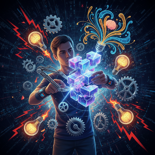 O imagine care ilustrează ingeniozitatea practică printr-o persoană care rezolvă un puzzle complex cu unelte neconvenționale, înconjurată de simboluri ale presiunii și creativității.