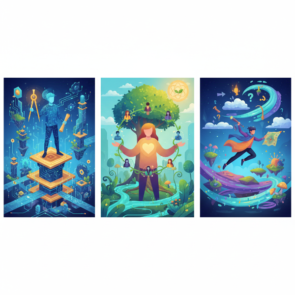 O ilustrație simbolică a trei arhetipuri profesionale distincte într-un ecosistem vibrant, reprezentând structura, conexiunea și inovația.