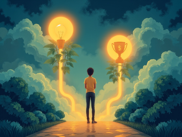 O persoană la răscruce, contemplând două căi: una reprezentând motivația intrinsecă (creștere personală, idei) și alta pe cea extrinsecă (recunoaștere, recompense materiale).