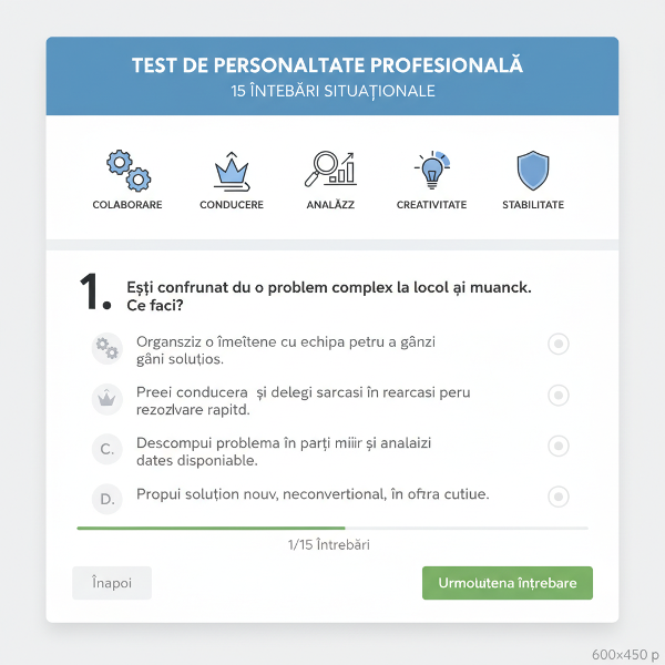 O imagine minimalistă care simbolizează un test de personalitate profesională, cu pictograme reprezentând conducerea, analiza, creativitatea, stabilitatea și colaborarea, aranjate în jurul unui cerc central.