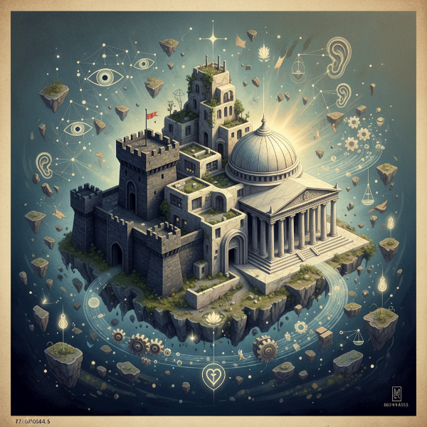 O imagine abstractă care reprezintă trei tipuri de structuri arhitecturale (fortăreață, reședință, templu) fuzionate într-un singur peisaj psihologic, simbolizând diferite tipuri de personalitate și moduri de procesare a lumii.
