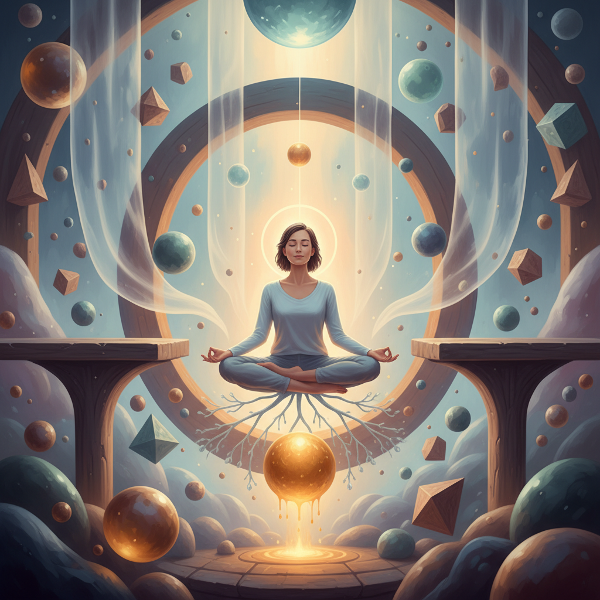 O imagine abstractă și calmă a unei persoane în meditație, înconjurată de forme geometrice echilibrate și lumină moale, simbolizând stabilitatea și armonia interioară.