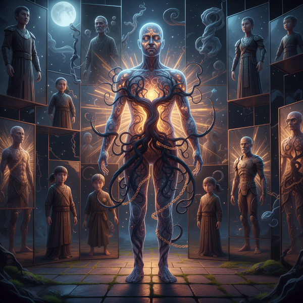 O imagine abstractă care simbolizează moștenirea psihologică familială, cu straturi interioare și reflecții ale alegerilor.