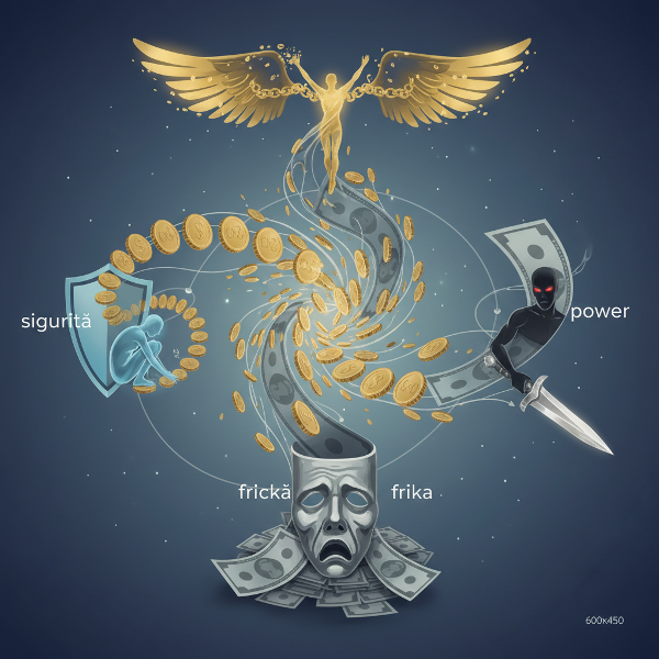 O reprezentare artistică abstractă a relației emoționale cu banii, unde simbolurile financiare se contopesc cu sentimente umane și arhetipuri psihologice.