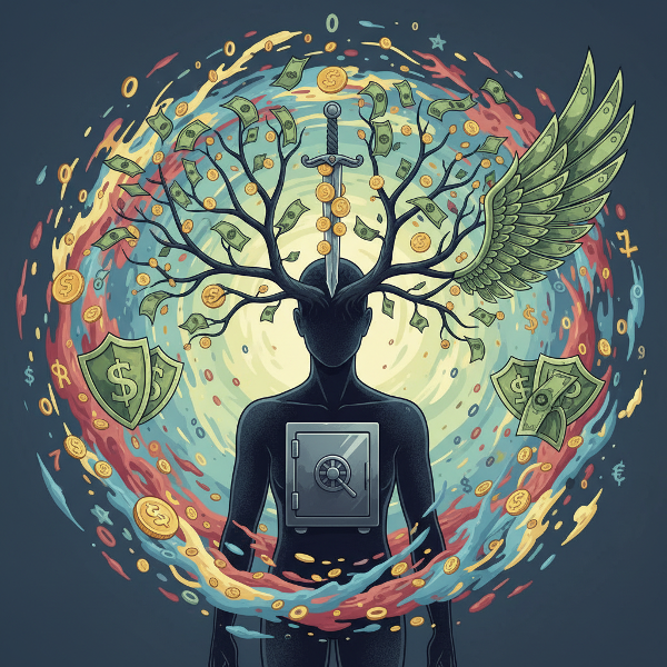 O reprezentare artistică a arhitecturii psihologice a deciziilor financiare, unde banii devin simboluri ale protecției, puterii și libertății.